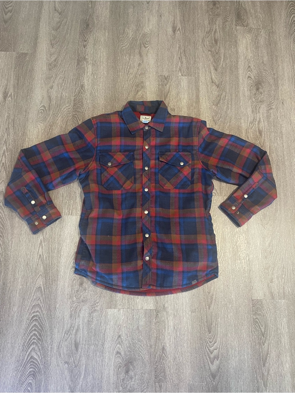 LL Bean Shirt Men Medium Blue Wool Flannel Plaid Elbow Patches Waffle Fleece